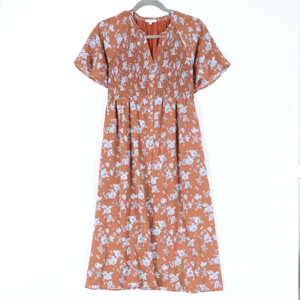 Baltic Born Floral Smocked Midi Dress Womens XL Brown Boho Pockets Flowy Fall